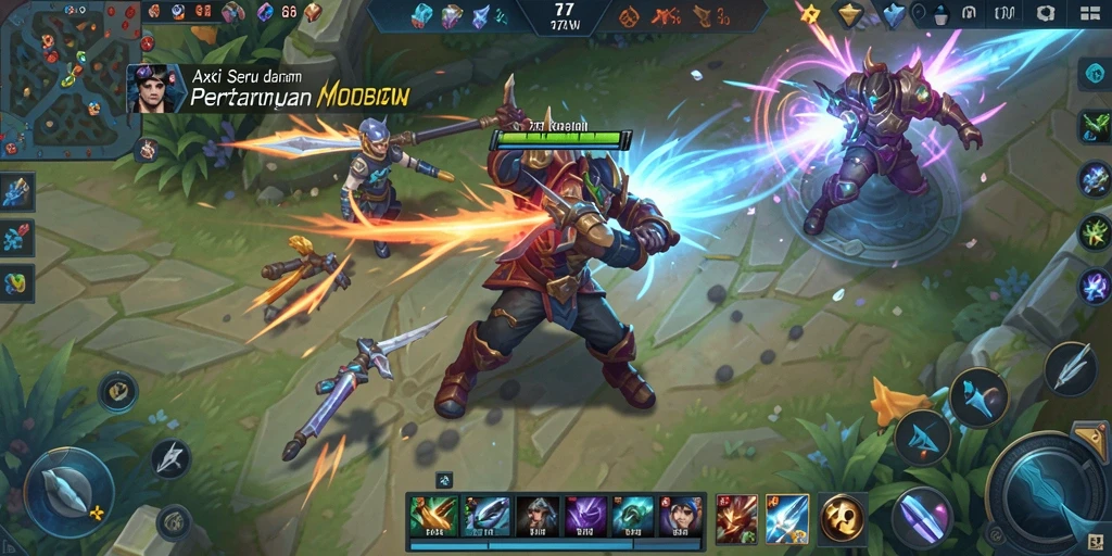 Screenshot gameplay menunjukkan pertarungan seru di arena MOBA.