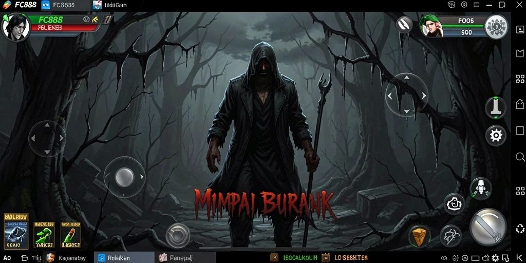 Screenshot utama gameplay FC888 menunjukkan ketegangan dan kegelapan yang mendalam.