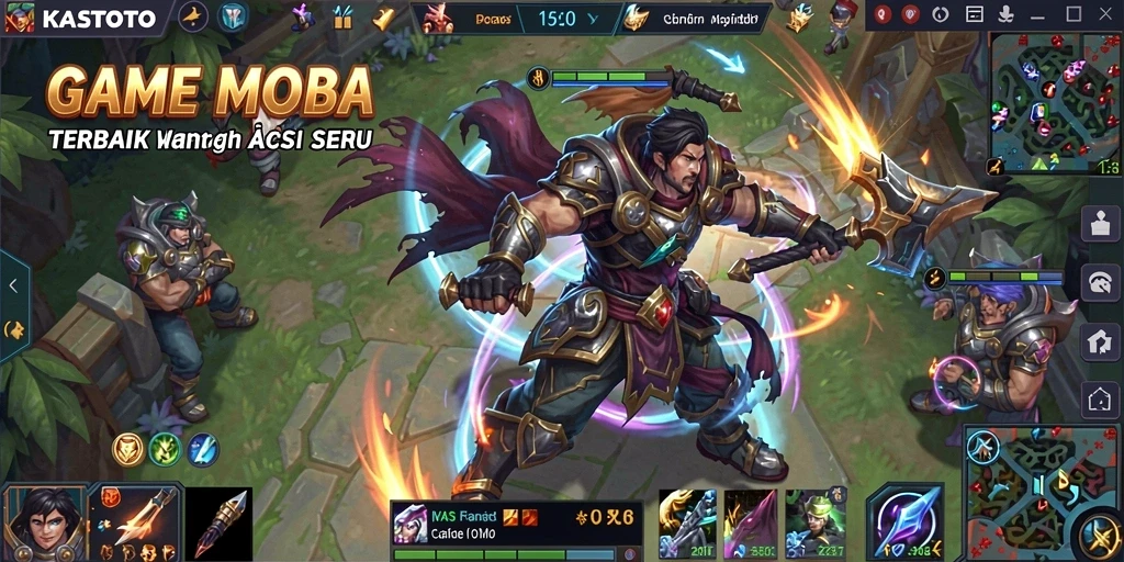 Screenshot KASTOTO menampilkan aksi pertempuran MOBA yang mendebarkan.