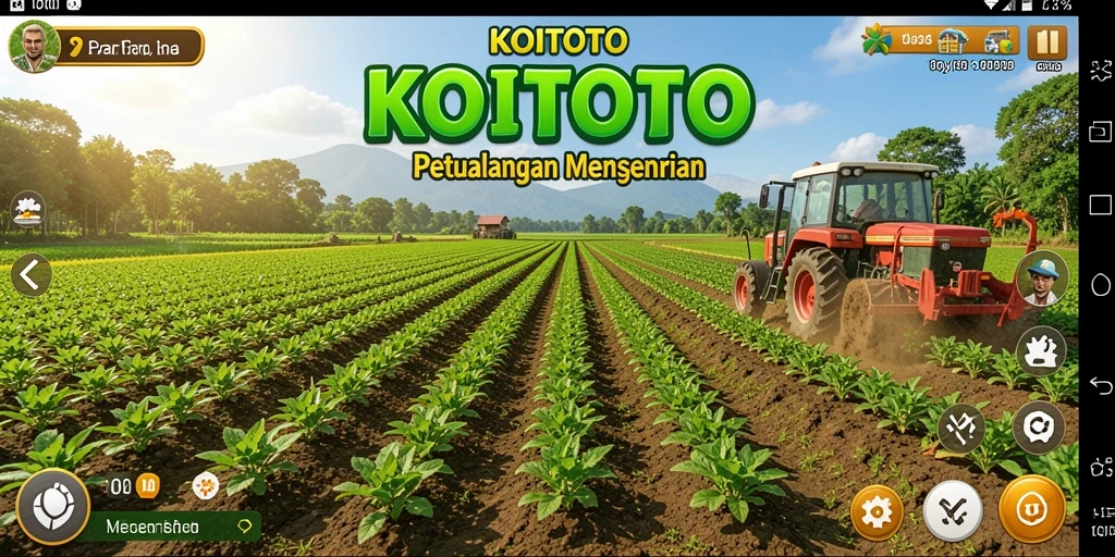 Tampilan gameplay KOITOTO dengan kebun yang subur dan aktivitas pertanian.