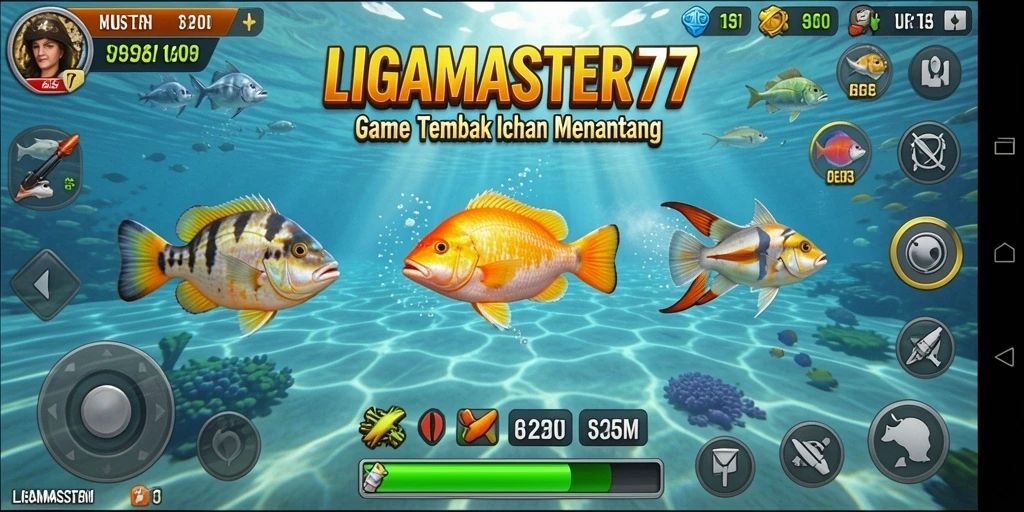 Tampilan gameplay <strong>LIGAMASTER77</strong> yang seru dan menantang saat menembak ikan.