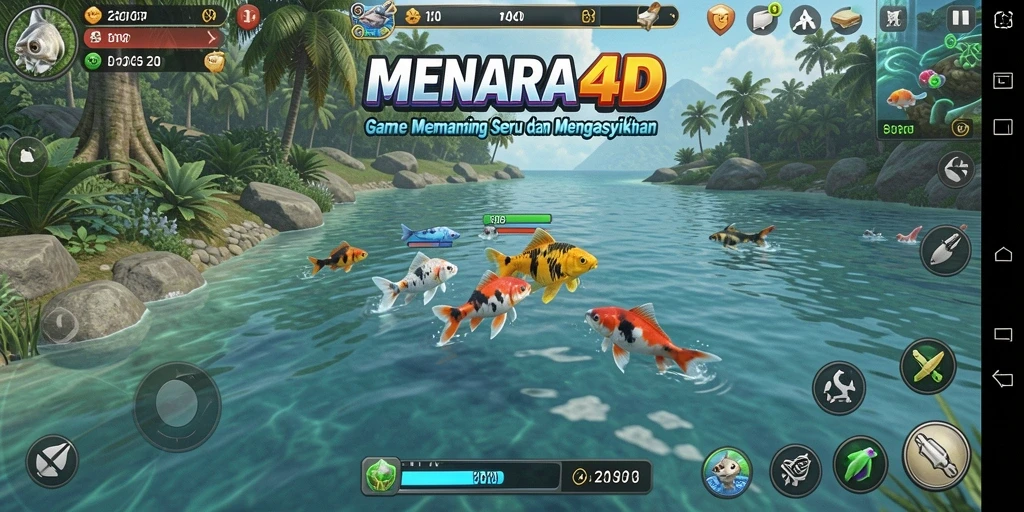 Tampilan gameplay menarik dari <strong>MENARA4D</strong> saat memancing di lautan.