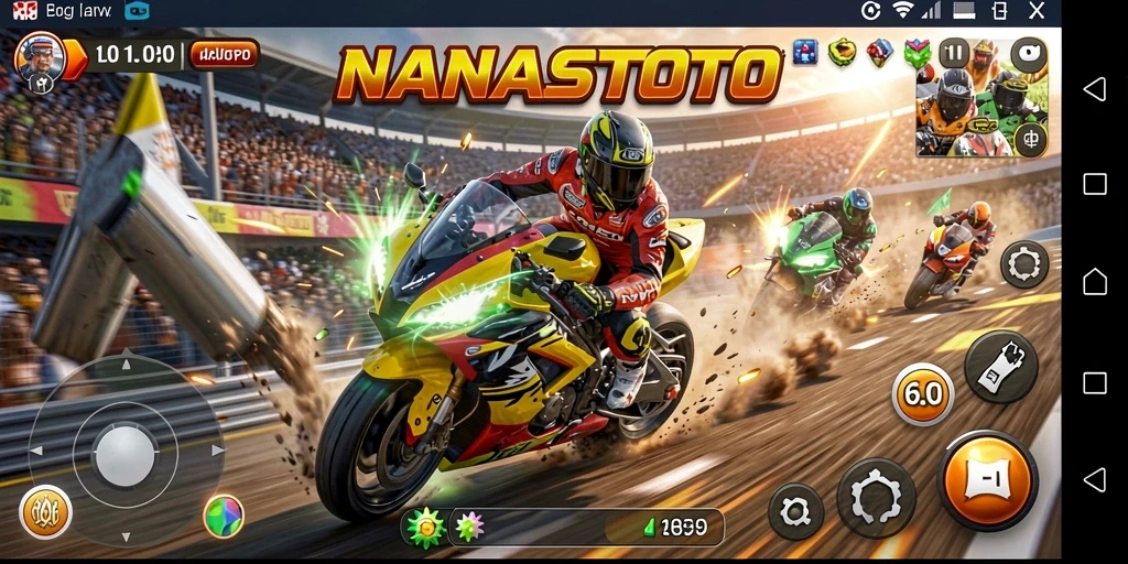 Screenshot NANASTOTO menampilkan balapan motor yang seru dan cepat.