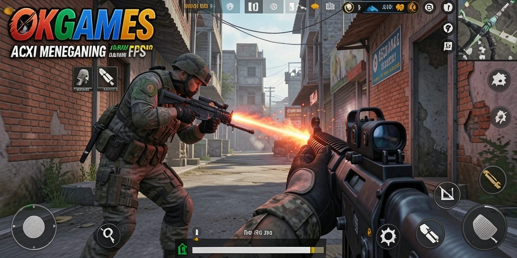 Tampilan aksi menegangkan dalam gameplay OKGAMES FPS.
