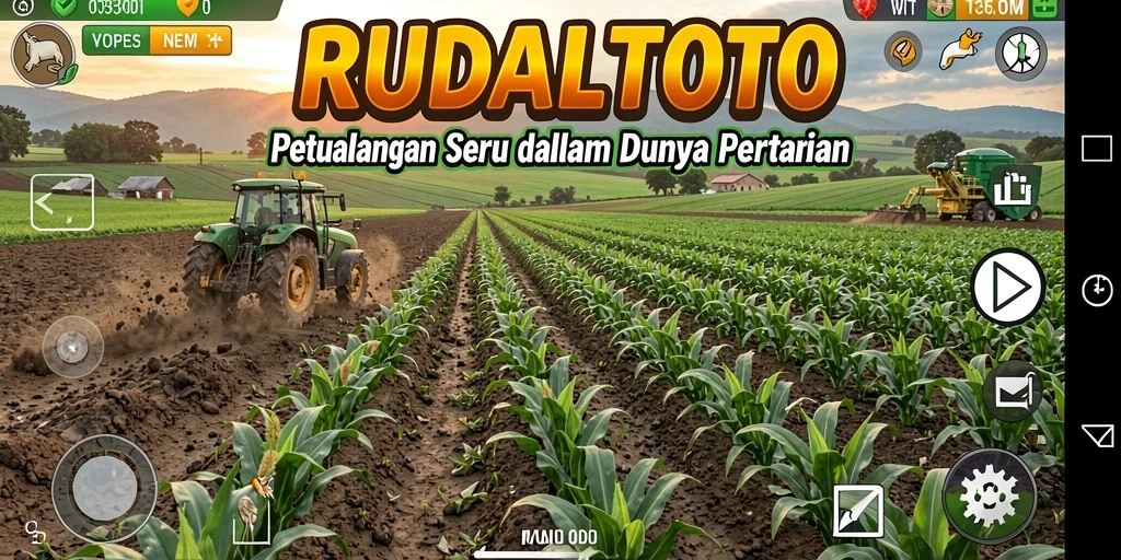 Screenshot gameplay RUDALTOTO menampilkan ladang subur dan hewan ternak yang beragam.